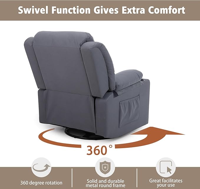 Rocker Swivel Recliner Chair for Adults, Overstuffed Large Manual Recliner Glider with Massage and Heat, Comfy Soft Fabric Living Room Reclining Sofa Chair(Technical Grey)
