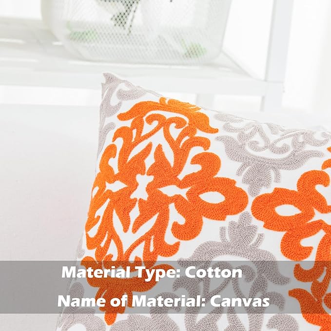 HWY 50 Orange Fall Decorative Throw Pillow Covers 18x18 Inch (1 Piece), Embroidered Cotton Farmhouse Cushion Cover Pillow Case for Sofa Couch Living Room Bed Bedroon, Floral Geometric