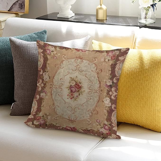 RURALS Antique Rose Floral French Aubusson Rug Decorative Pillow Covers Cozy Soft Throw Pillowcase Square Couch Cushion Cover for Home Decor Sofa Living Room Bed Car 18x18 Inch