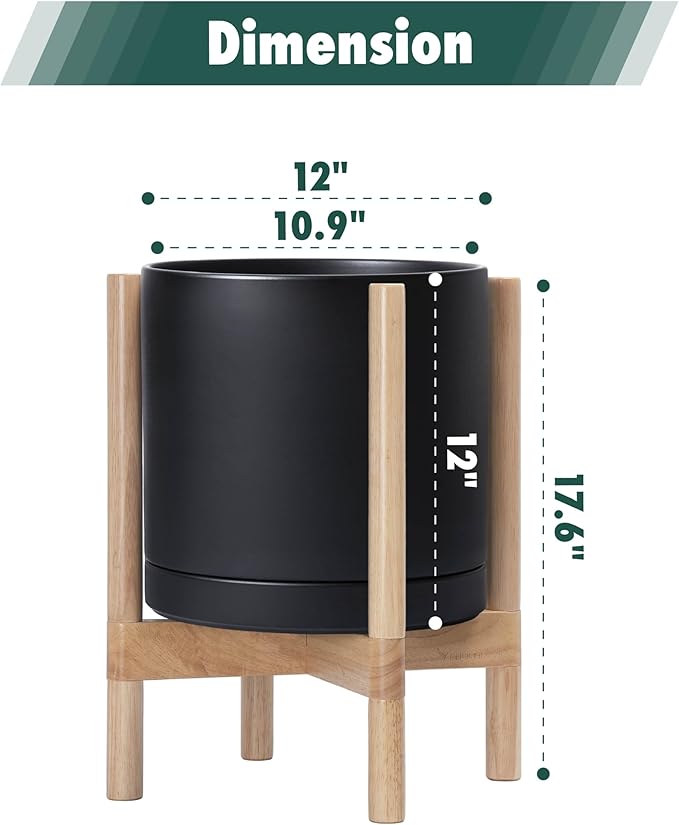 D'vine Dev Ceramic Planter with Natural Stand - 12 Inch Modern Round Flower Pot with Wood Planter Holder, Black, 55-B-J-2