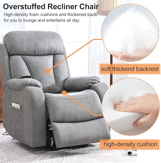 Power Lift Chair Recliners for Elderly, Leathaire Modern Adult Power Lift Chair Overstuffed Electric Lift Recliner Chair with Side Pocket for Living Room Bedroom (Light Gray)