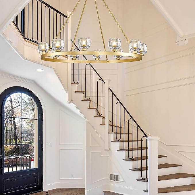 Gold Wagon Wheel Chandelier, 59 Inch Brass Chandeliers with Unique Glass Shade, 15-Light Crystal Large Wagon Wheel Chandeliers for Dining Room, High Ceiling Round Chandelier for Living Room, Foyer