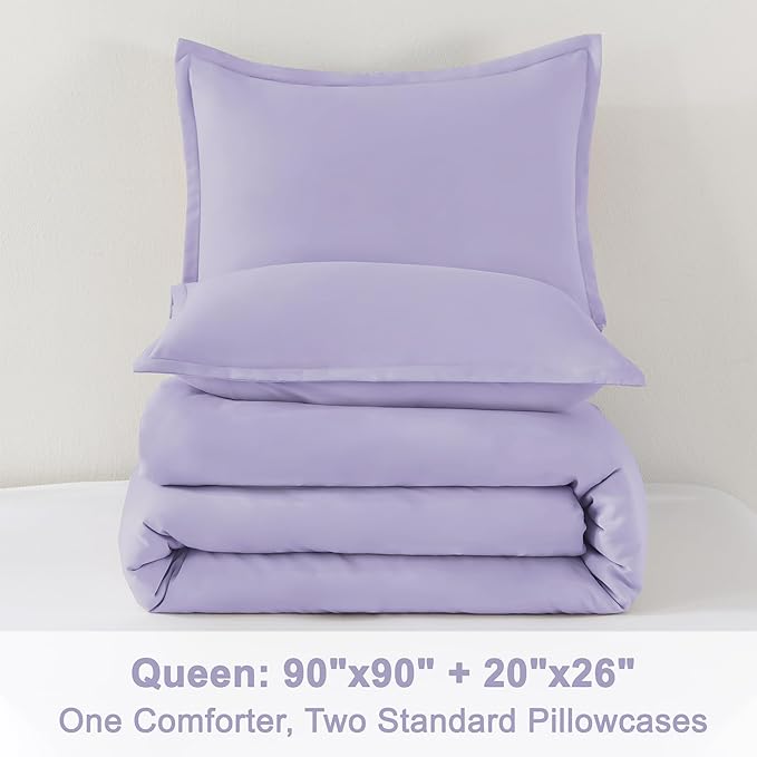 Litanika Lavender Purple Comforters Queen Size, 3 Pieces Lightweight Solid Bedding Comforter Set, All Season Fluffy Bed Set (90x90In Comforter & 2 Pillowcases)