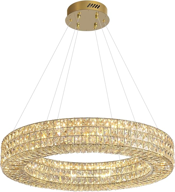 Dia 24" Modern Crystal Chandelier Gold Ring Chandelier Adjustable Height Luxury Crystal Pendant Ceiling Light Fixture for Dining Living Room Bedroom