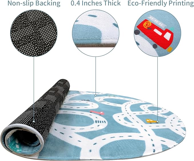 STARUIA Large Kids Playroom Rug, 4'x6' Washable Road Rug for Nursery, Non-Slip Fun Area Rugs for Kids Room, Blue Car Rugs Play Mat Soft Baby Carpet for Boys Girls Dorm Toy Room Tent