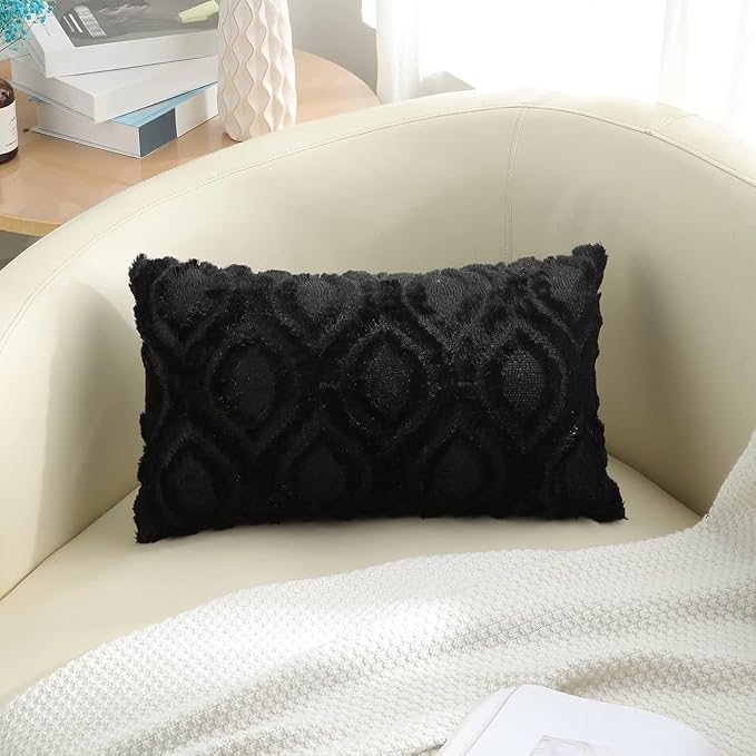 decorUhome Fall Throw Pillow Covers 12x20 Inch Set of 2, Soft Plush Decorative Faux Fur Black Solid Couch Pillow Covers, Accent Farmhouse Neutral Lumbar Euro Pillow Cases for Sofa Bed Living Room