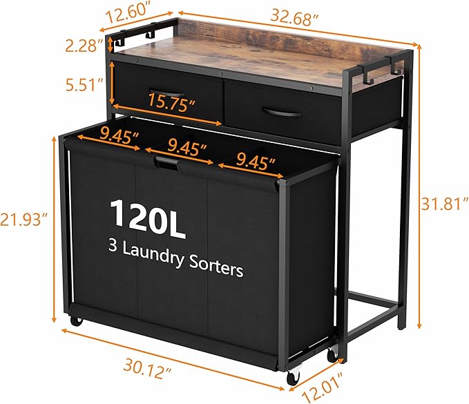 Laundry Hamper Laundry Basket with 3 Section Pull-Out Rolling Bags, Laundry Sorter for Organization and Storage with 2 Pull-Out Drawers for Laundry Room, Bathroom, Bedroom Use (Rustic Brown)