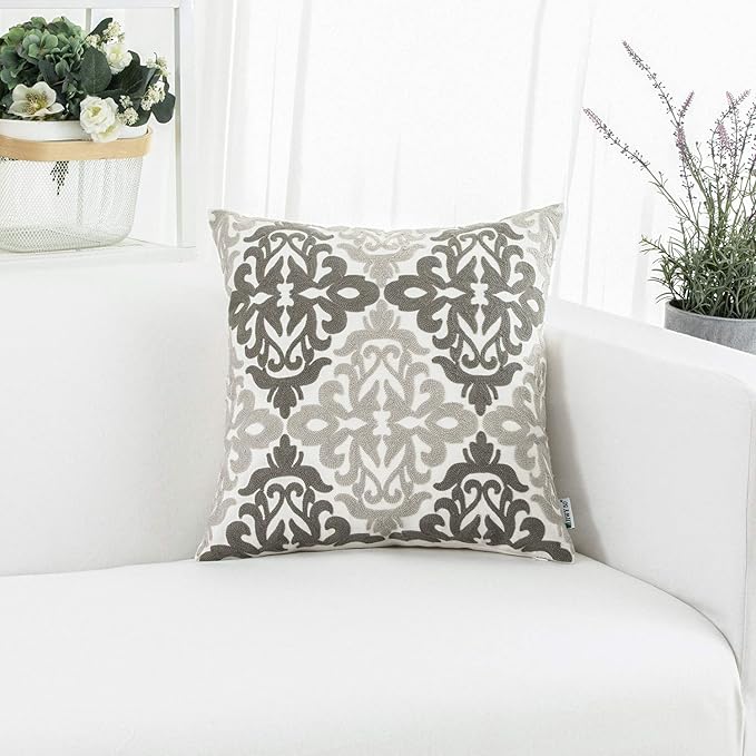 HWY 50 Gray Grey Decorative Throw Pillow Covers 18x18 Inch, Pack of 2 Embroidered Cotton Farmhouse Cushion Cover Pillow Case for Sofa Couch Living Room Bed Bedroon, Accent Geometric