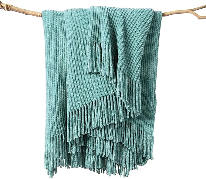 lifein Throw Blanket for Couch, Soft Boho Decor Bed Throw,Cozy Blue Chenille Knitted Small Farmhouse Lightweight Throw for Spring(Aqua,50 * 60")