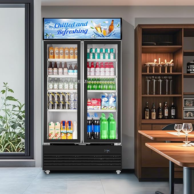 Tylza Commercial Refrigerator, Double Glass Door Display Beverage Fridge, 28.1 Cu Ft Upright Beverage Cooler Merchandiser with Replaceable Advertising Light Board, Rebound Door, Fast Cooling, Black