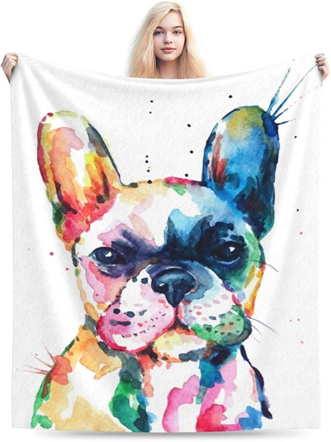 HGOD DESIGNS Watercolor French Bulldog Fleece Throw Blanket Ultra Soft Cozy Blooming Decorative Flannel Blanket All Season for Home Couch Bed Chair Travel 50x60in