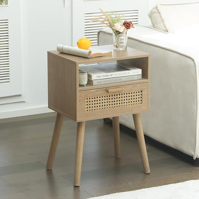 MaxSmeo Rattan Nightstand with Drawer, Mid Century Modern Wood Bedside Table for Living Room, Bedroom and Small Spaces (Rustic Walnut)