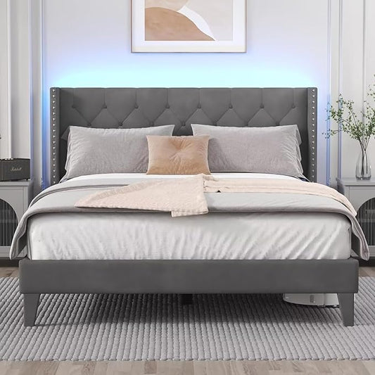 King Size Bed Frame with LED Lights, Upholstered Bed Frame with Wingback Diamond Tufted Headboard, Wood Slats Support, Noise-Free, Easy Assembly, No Box Spring Needed, Grey