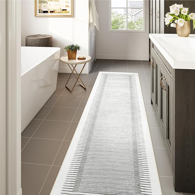 Wonnitar Washable Striped 8x10 Rugs for Living Room, Non-Slip Soft Grey Berber Stripe Bedroom Rug, Low Pile Minimalist Floor Carpet for Dining Room Living Room Office Department (Grey, 8' x 10')