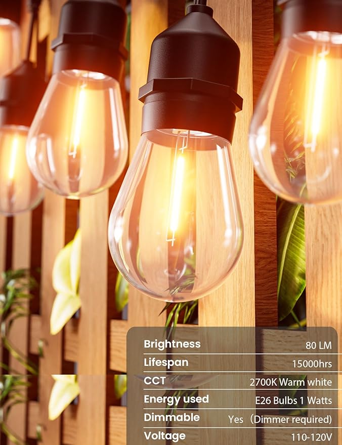 Svater Outdoor Led String Lights 25 FT, Patio Lights for Outside with 9pcs S14 Shatterproof Bulbs, 1 Watt E26 Dimmable, IP65 Waterproof, Commercial Grade Bistro Light 2700K Warm White
