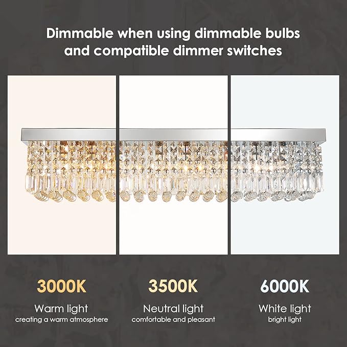 Siljoy Modern Crystal Chandelier 8-Lights Rectangular Flush Mount Pendant Ceiling Light Fixture Rectangle K9 Crystal Raindrop Chandelier for Dining Living Room Kitchen Island L40'' x W10'' x H10'