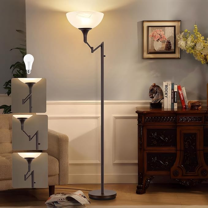 Floor Lamps for Living Room Bronze, 71" Tall Standing Lamp with Glass Shade, Vintage Floor Lamp with 350°Adjustable Swing Arm Lamp, Pole lamp for Bedroom, Living Room, Office, Bulbs Included
