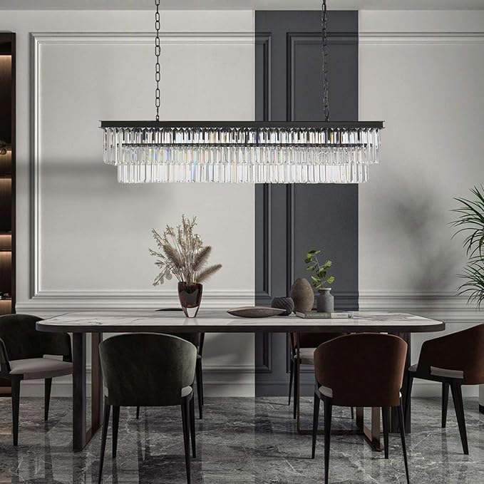 Rectangle Crystal Chandelier Black Modern Linear Chandelier Contemporary Pendant Light Fixture 8-Light Hanging Ceiling Light for Dining Room Living Room Kitchen Bedroom Foyer 47''