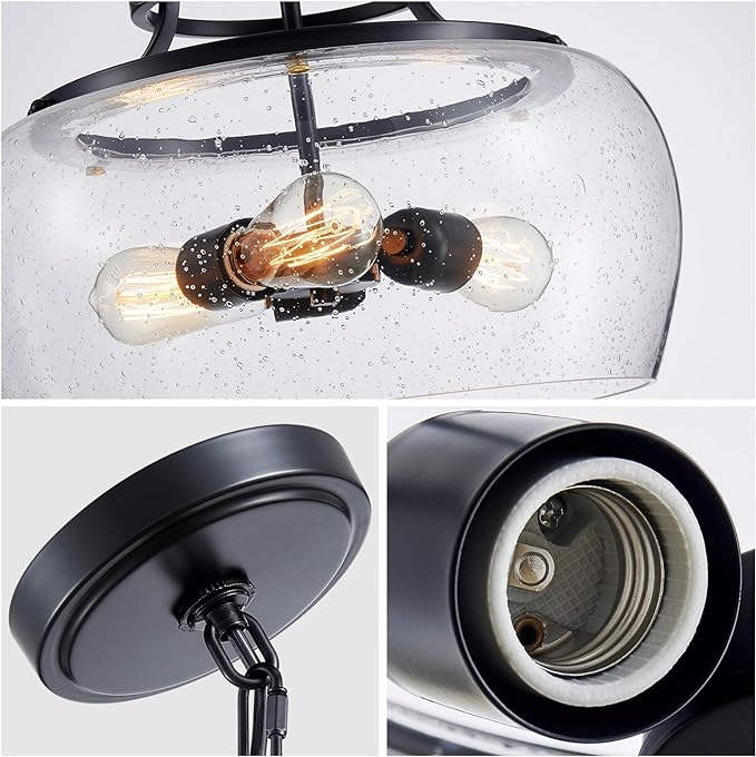 WUZUPS Chandelier Rustic Farmhouse Industrial Round Ceiling Pendant LED Light Fixture Clear Seeded Glass Shade for Dining Room Kitchen Island Foyer Entryway, H 20.9" x W 15.9", Black