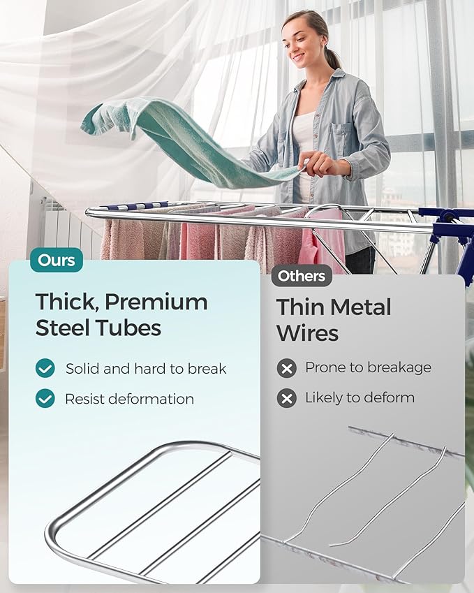 SONGMICS Clothes Drying Rack, Foldable 2-Level Laundry Drying Rack, Free-Standing Laundry Airer, with Height-Adjustable Wings, 33 Drying Rails, Sock Clips, Silver and Blue ULLR53BUV1