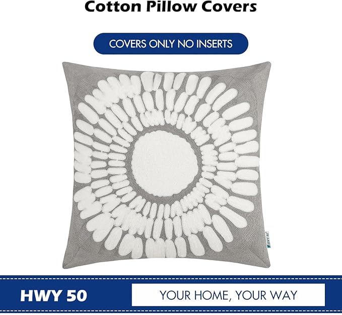 HWY 50 Grey Gray Decorative Throw Pillow Covers 18x18 Inch (1 Piece), Modern Embroidered Cotton Farmhouse Cushion Cover Pillow Case for Couch Living Room Bed Sofa, Sunflower