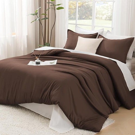 Litanika Brown Comforter Set King Size, 3 Pieces Lightweight Solid Bedding Comforter Set, All Season Fluffy Bed Set (104x90In Comforter & 2 Pillowcases)