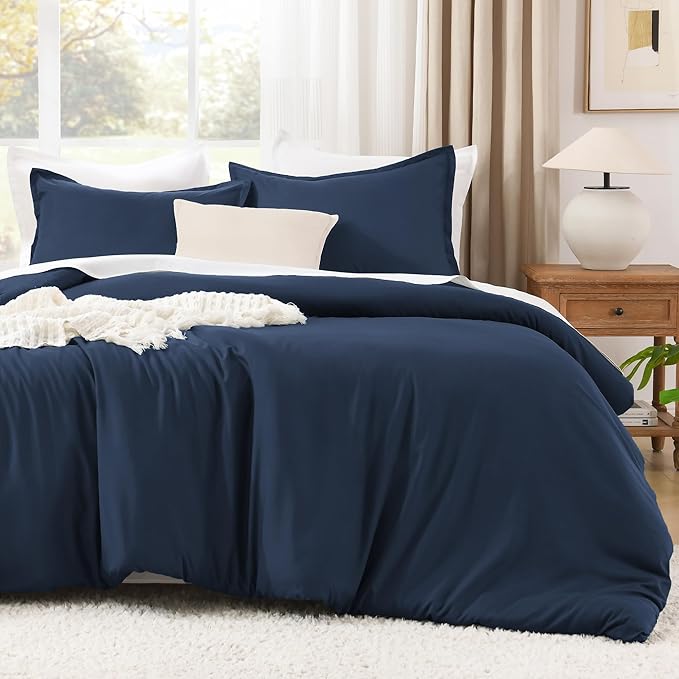 Litanika Navy Blue Comforter King Size, 3 Pieces Lightweight Solid Bedding Comforter Set, All Season Fluffy Bed Set (104x90In Comforter & 2 Pillowcases)