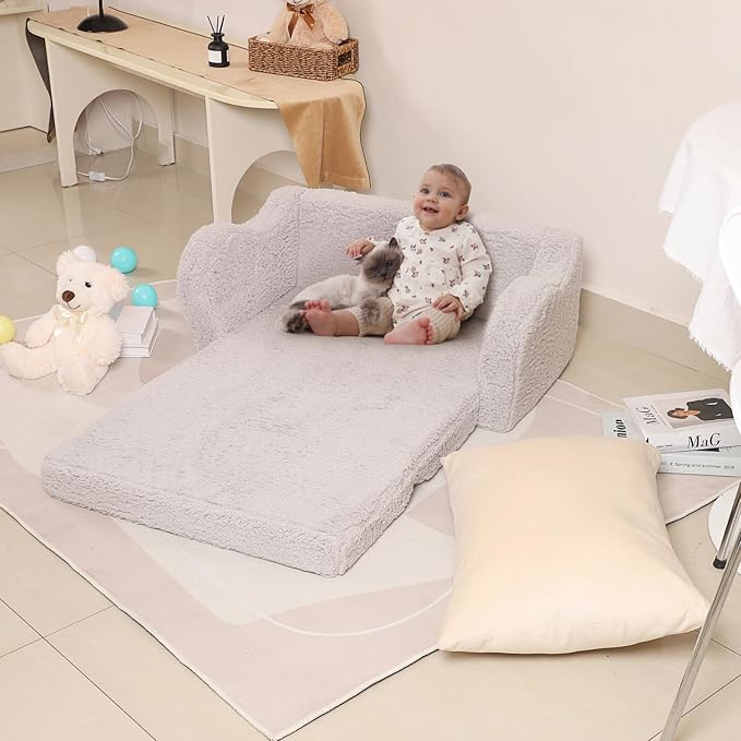 Kids Extra Wide Chairs for Toddler, 2-in-1 Toddler Soft Sherpa Couch Fold Out, Convertible Sofa to Lounger for Girls and Boys, Grey