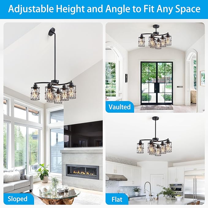 XINGQI Modern Black Chandelier 6-Light Pendant Lighting Fixture with Metal Shade 24" Height Adjustable for Dining Room Living Room Bedroom