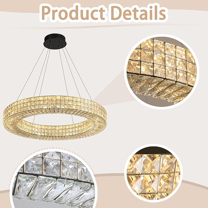 Dia 32" Ring Crystal Chandelier Modern Black Ring Chandelier Adjustable Height Luxury Crystal Pendant Ceiling Light Fixture for Dining Living Room Bedroom