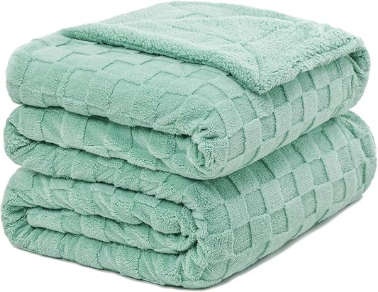 Pawque Super Soft Cozy Throw Blanket Queen Size for Couch Bed, Fluffy Sherpa Fleece Reversible Thick Warm Fuzzy Blanket for All-Season, 3D Checkered Jacquard Decorative Blankets, Sage Green, 90"x90"