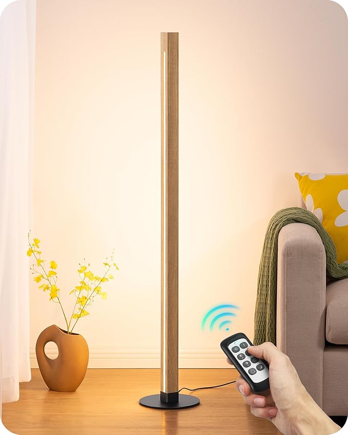 EDISHINE Corner Floor Lamp, Upgraded Dual-Sided Lighting, Wooden Floor Lamps for Living Room, Standing Lamp with Remote/Foot Control, 7CCT & Dimmable Floor Lamp for Bedroom, Office, Natural Wood