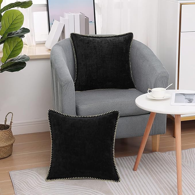 decorUhome Chenille Soft Throw Pillow Covers 18x18 Set of 2, Farmhouse Velvet Neutral Decorative Euro Pillow Covers with Stitched Edge for Couch Sofa Bed Home Decor, Black