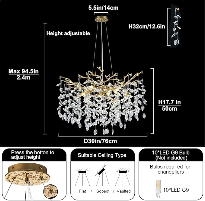 Modern Crystal Chandelier, 30" Chandeliers for Dining Room,Gold K9 Crystal Tree Branches Crystal Chandelier,10-Light Living Room Chandeliers, Fo Entryway,Foyer,Bedrooms