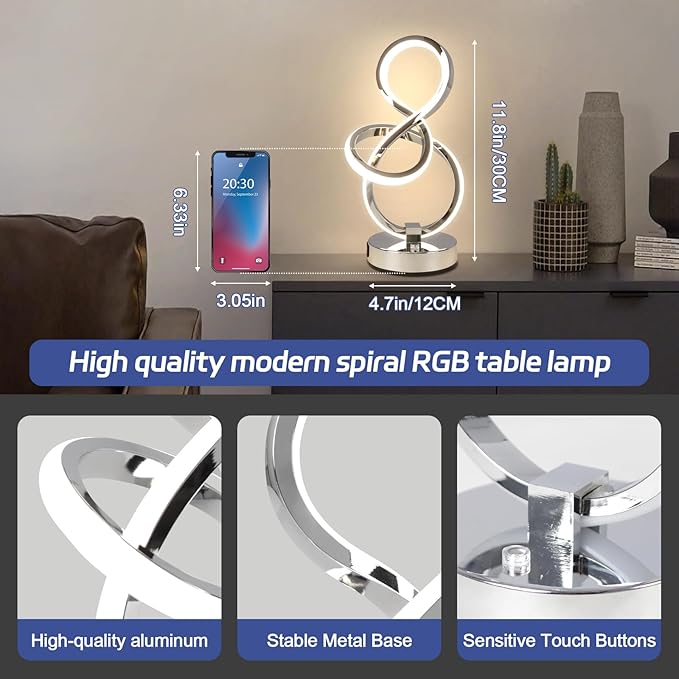 Modern Table Lamp, LED Bedside lamp with USB C+A Ports, Touch Stepless Dimmable Nightstand lamp, Unique Spiral Table lamp for Bedroom Living Room Home Office, LED Spiral lamp, Silver