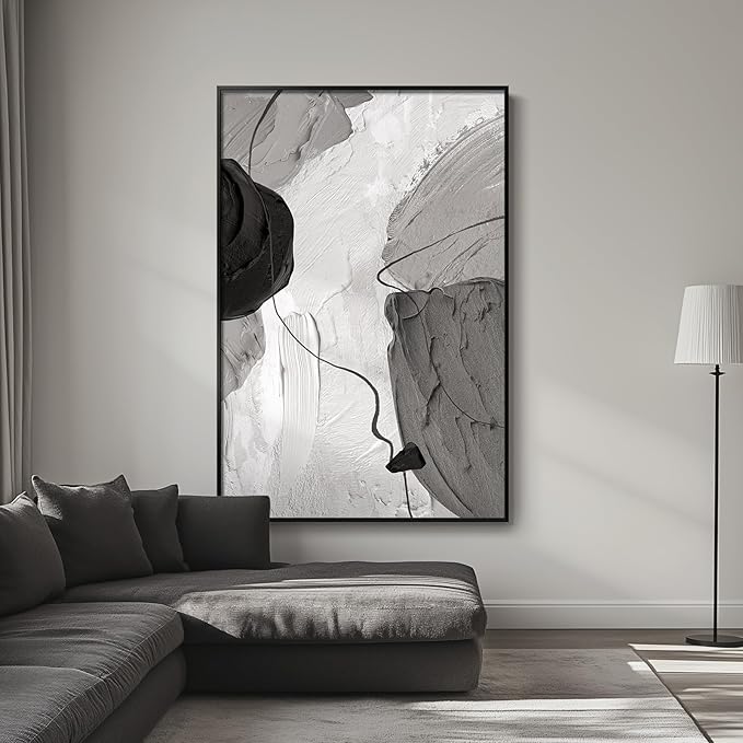 Large Framed Black and White Modern Abstract Vertical Wall Art for Living Room, Canvas Prints Paintings Artwork for Walls, Minimalist Gray Pictures for Hallway Stair Office Wall Decor 40x60 In