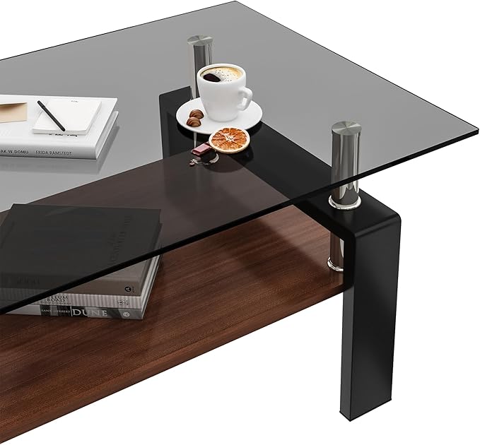 Glass Coffee Table Rectangle Living Room Center Table, with Gray Tempered Glass Tabletop and Brown MDF Layer,for Living Room and Office, Gray+Brown