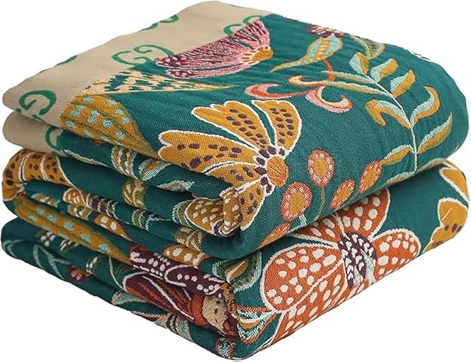 Fall Throw Blankets Reversible Luxurious Cotton Bed Throws with Vintage Bohemian Design & Yellow/Green Lightwight Floral Decor Blanket, Perfect as Bed Sofa Quilt 90" x 98"