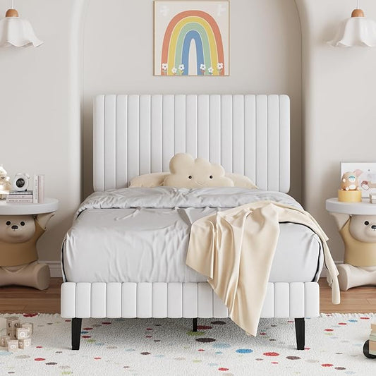Twin Bed Frame, Velvet Upholstered Platform Bed with Vertical Channel Tufted Headboard and Footboard, No Box Spring Required, Easy Assembly, White