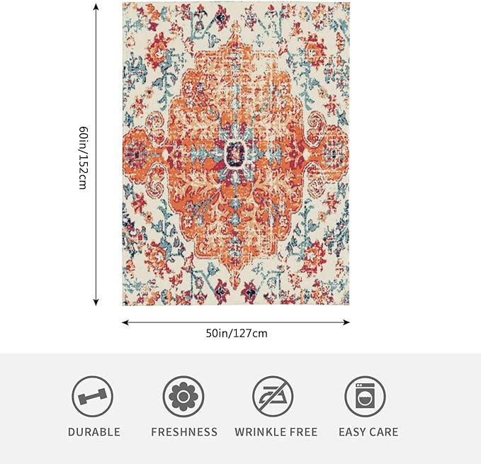HGOD DESIGNS Carpet Pattern Throw Blanket Boho Style Ethnic Design Orange Blue Soft Blankets and Throws 50x60 Inch Caring for Women Men (130x150cm)