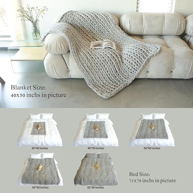 Maetoow Chenille Chunky Knit Blanket Throw （40×50 Inch）, Handmade Warm & Cozy Blanket Couch, Bed, Home Decor, Soft Breathable Fleece Banket, Christmas Thick and Giant Yarn Throws, Khaki