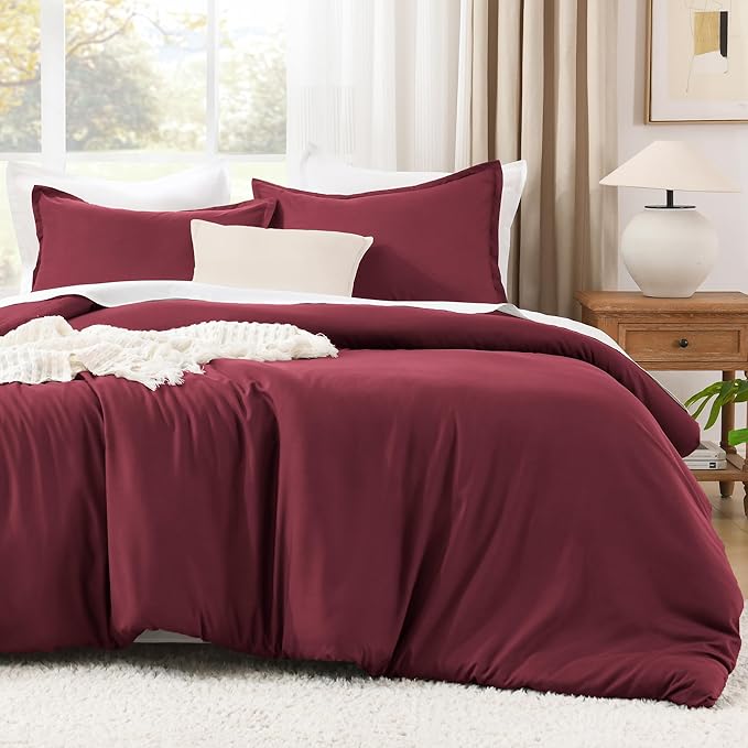 Litanika Burgundy Red Comforter Set King Size, 3 Pieces Lightweight Solid Bedding Comforter Set, All Season Fluffy Bed Set (104x90In Comforter & 2 Pillowcases)