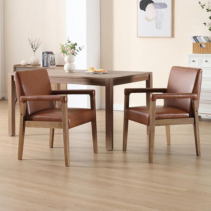 Mid Century Modern Dining Chairs Set of 4 Faux Leather Upholstered Living Room Side Chair, Kitchen Arm Chair with Solid Wood Legs for Home Kitchen & Restaurant, PU Brown