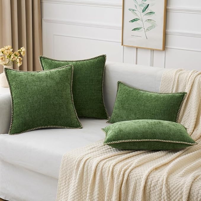 MIULEE Pack of 2 Christmas Pillow Covers 20x20 Inch Moss Green Farmhouse Decorative Throw Pillow Covers with Stitched Edge Soft Chenille Solid Dyed Couch Pillow Covers for Sofa Bed Living Room