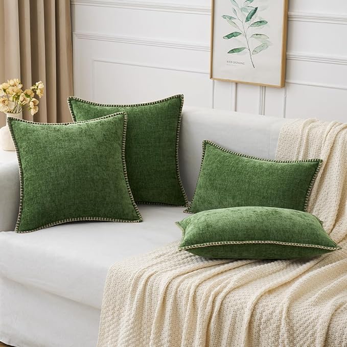 MIULEE Pack of 2 Fall Couch Pillow Covers 18x18 Inch Moss Green Farmhouse Decorative Throw Pillow Covers with Stitched Edge Soft Chenille Solid Dyed Pillow Covers for Sofa Bed Living Room