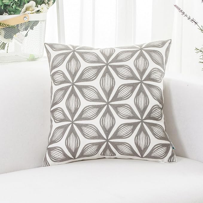 HWY 50 Grey Gray Decorative Throw Pillow Covers 18x18 Inch (1 Piece), Embroidered Cotton Farmhouse Cushion Cover Pillow Case for Sofa Couch Living Room Bed, Fashion Geometric