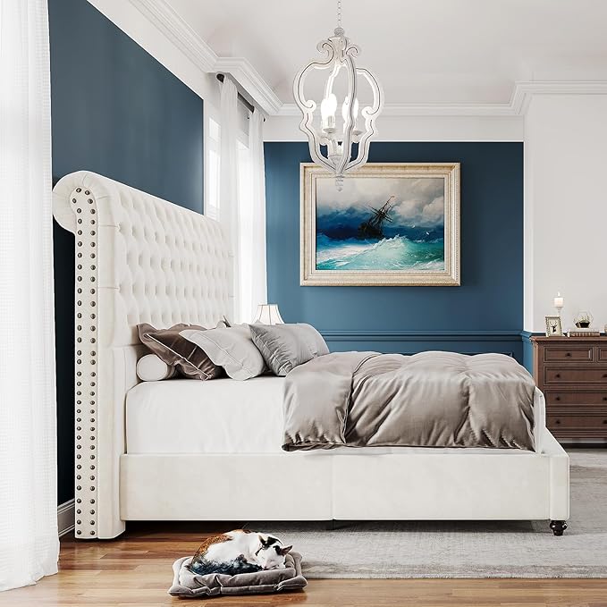 PaPaJet King Bed Frame Upholstered Platform Bed Frame with 52.8'' Tall Sleigh Headboard, Button Tufted, No Box Spring Needed, Easy Assembly, Cream