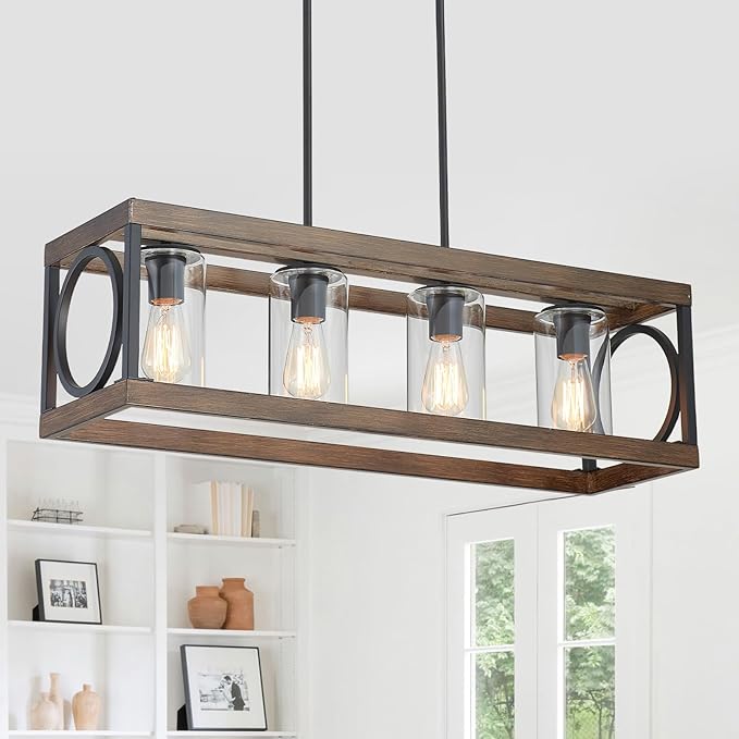 XINGQI Rectangle Chandeliers 31.5" Farmhouse Kitchen Island Lighting Fixture Over Table Modern Vintage Linear Hanging 4-Light for Dining Room Living Room Black Wood Grain Finish with Glass Lampshade