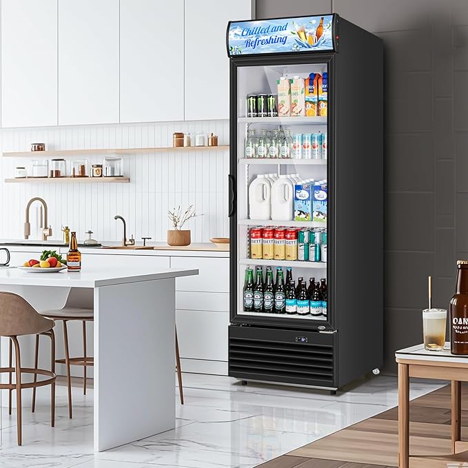 Tylza Commercial Refrigerator with Glass Door Display Beverage Fridge, 11.15 Cu Ft Upright Beverage Cooler Merchandiser with Replaceable Advertising Light Board, Rebound Door, Fast Cooling, Black