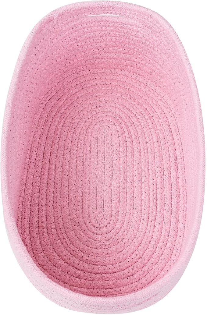 Cute Baskets for Shelf Storage Small Woven Basket to Store and Organize Daily Items/Durable Rope Basket for Living Room, Bedroom,Playroom/Oval-13x8.66x5.11’’,Stylish 3 Packs Pink